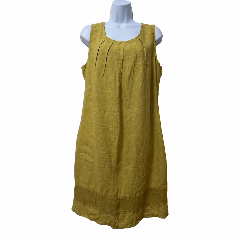 DS Womens 100% Linen Sleeveless Knee Length Shift Dress Size L Yellow Resort